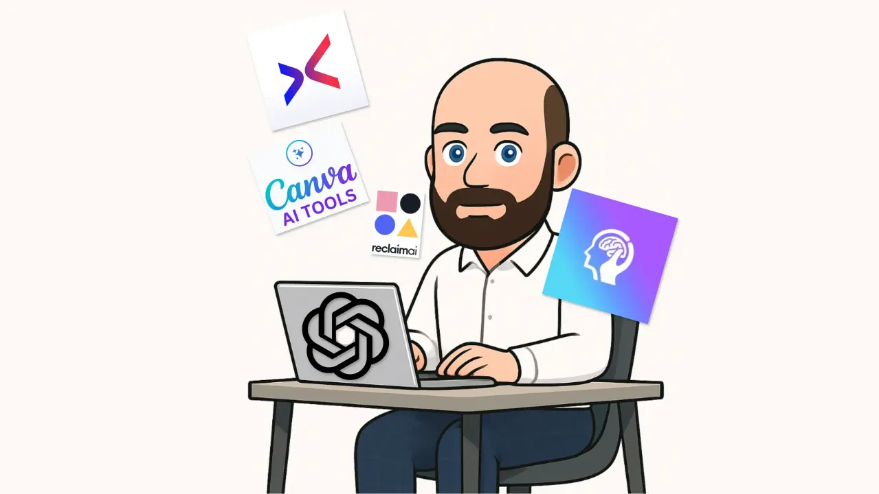 An illustrated worker at a laptop surrounded by AI tool logos during a month-long productivity experiment