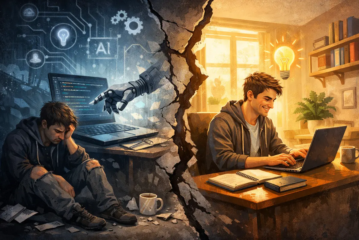 Split illustration of a developer struggling on one side and coding calmly on the other, representing a week without AI assistants