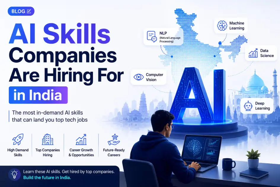 Illustration of the most in-demand AI skills Indian companies are hiring for in 2026, including machine learning, NLP, computer vision and data science