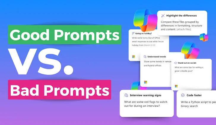 Good prompts versus bad prompts, illustrated with example AI prompt cards